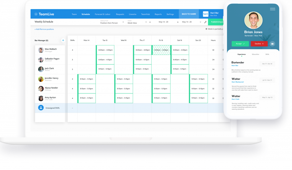 Example of Harri interface showing scheduling capabilities for hospitality employees